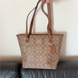 Coach Signature Canvas Tote in Tan with Brown Leather Trim